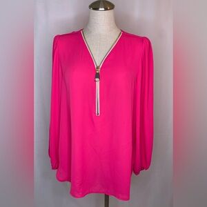 Carmen Marc Valvo hot pink long sleeve blouse gold zipper detail Large shirt